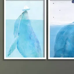 Aura Blue & White 2 Pieces Birds and Animals Wall Art-30