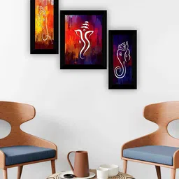 SAF Red & Mustard 3-Pieces Lord Ganesha Printed Framed Wall Art-image-71