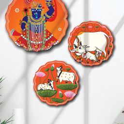 SAF orange 3 Pieces Shree Nath Ji And Pichwai MDF Painting Wall Art-23