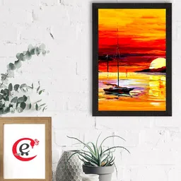 eCraftIndia Orange & Black Sunrise On Beach Satin Matt Texture UV Framed Wall Art-36