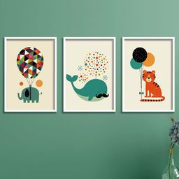 SAF Green & Coral 3-Pieces Colored Animals Printed High Definition Framed Wall Art-image-22