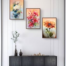 999Store Orange & Pink 3Pcs Floral And Botanical Wall Paintings-4