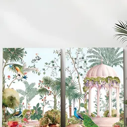 Art Street Green & White 2 Pieces Mughal garden with Peacock Wall Paintings-image-79