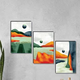 SAF 3 Piece Green & Orange Abstract Printed Framed Painting-15