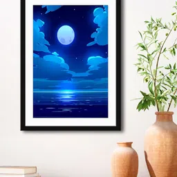 999Store Blue & Black Moon Night Ocean Cartoon HD Printed Framed Wall Art-2