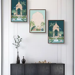 999Store Green & Beige 3Pcs Birds And Animals Wall Paintings-16