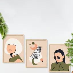 SAF 3-Pcs Beige & Green Boho Women Painting Framed Wall Art-4