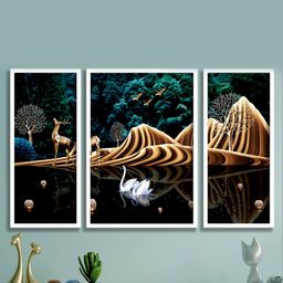 SAF Black & Brown 3 Pieces Deer And Tree Painting Wall Art-7