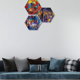 SAF Blue & Red 3 Pieces Abstract Painting Hexagon UV Textured Wall Arts-picture-6