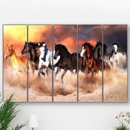 SAF Beige & Orage Coloured 5 Pieces Seven Running Horses UV Textured Painting Wall Art-image-18