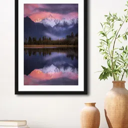 999Store Blue & Peach Mountain Beach View Framed Printed Paper Painting-46