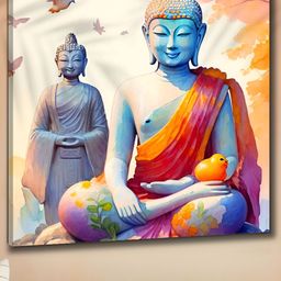 Aura Orange & Blue Wooden Lord Buddha Religious Wall Painting-image-49