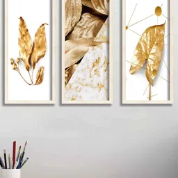 SAF White & Gold Toned 3 Pieces Leaves Framed Painting Wall Art-image-93