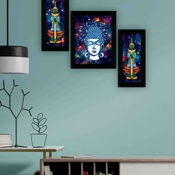 SAF Black & Blue 3-Pieces Lord Buddha Printed Framed Wall Art-image-105