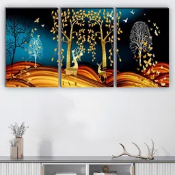 SAF Blue & Black 3 Pieces Tree And Deer Painting Wall Arts-36