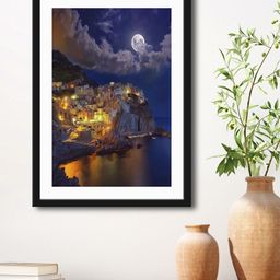999Store Navy Blue & Yellow City With River View HD Printed Framed Wall Art-29
