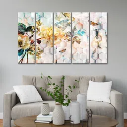 999Store Grey 5 Pieces Flowers Leaves With Flying Butterfly MDF Wall Painting Set-image-97