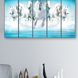 SAF Blue 5 Pieces Seven Running Horses Painting Framed Wall Art-1