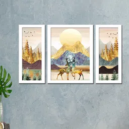 WENS Set Of 3 White & Blue Reindeer In Moonlight Framed Wall Art-image-30