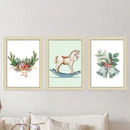 Art Street 3-Pcs Beige & Green Printed Horse Christmas Wooden Wall Art-6