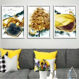 Aura Gold-Toned & White 3 Pieces Wooden Abstract Wall Art-image-52