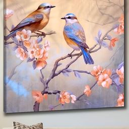 Aura Blue & Peach-Coloured Wooden  Birds and Animals Wall Painting-85