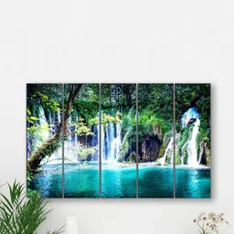 SAF Blue & Green 5 Pieces Waterfall UV Textured Painting Wall Art-39
