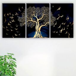 SAF Black & Blue 3 Pieces Tree & Birds Painting Wall Arts-48