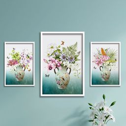 SAF White & Blue 3-Pieces Flower Pot Printed Framed UV Coating Wall Art-image-79