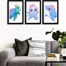 WENS Set Of 3 Multicoloured Cute Little Sea Turtle Wall Art Painting-70