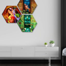 SAF Red & Green 3 Pieces Radha Krishna Painting Hexagon UV Textured Wall Arts-image-33