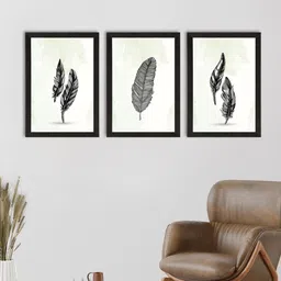 eCraftIndia Set Of 3 White & Grey Feather Line Art Satin Matt Texture UV Art Painting-5