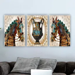 SAF Beige & Brown 3 Pieces Horse Painting Waterproof Wall Arts-1