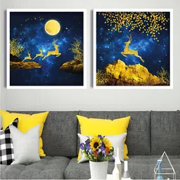 Aura White & Blue 2 Pieces Wood Birds and Animals Wall Paintings-picture-32