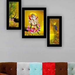SAF Yellow & Green 3 Pieces Lord Ganesha Painting UV Coating Wall Arts-image-95