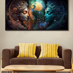 999Store Blue & Orange Two Face Of Radha With Peacock Framed Canvas Wall Art-image-12