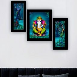 SAF Blue & Green 3 Pieces Lord Ganesha And Peacock Painting UV Coating Wall Arts-image-87