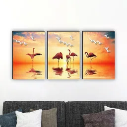 SAF Orange-Coloured & White 3 Pieces Crane Bird Matte Finish Wall Art-35
