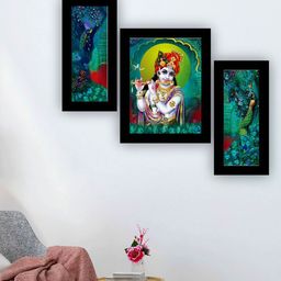 SAF Blue & Grey 3 Pieces Lord Krishna And Peacock Painting UV Coating Wall Arts-image-23