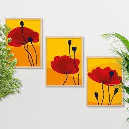 SAF 3 Pcs Yellow & Red Floral Printed Framed Wall Art-12