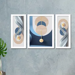 WENS Set Of 3 Blue & White Abstract Printed Framed Wall Painting-20