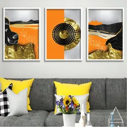 Aura Orange & Grey 3 Pieces Wood Abstract Wall Paintings-16