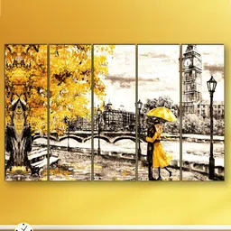 SAF Yellow & Brown 5 Pieces Couple Romance Printed Wooden UV Textured Wall Arts-15