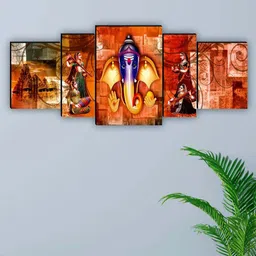 SAF Red & Green 5 Pieces Lord Ganesha Digital UV Coating Wall Art Paintings-image-26