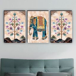 SAF Beige & Blue 3 Pieces Elephant Painting Wall Arts-20