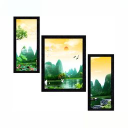 PnF Green & Yellow 3 Pieces Paper And Wooden Painting Wall Art-1