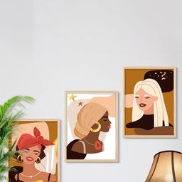 SAF Brown & Beige 3 Pieces Boho Woman Wall Art-22