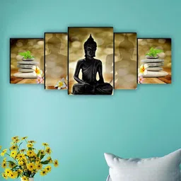 SAF Beige-Coloured & Black 5 Pieces Lord Buddha Waterproof Framed Wall Art-18