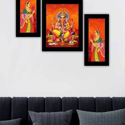SAF Orange Coloured & Yellow 3 Pieces Ganesha Modern Art Painting Wall Art-image-50
