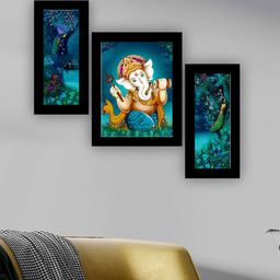 SAF Blue & Green 3 Pieces Lord Ganesha And Peacock Painting UV Coating Wall Arts-image-82